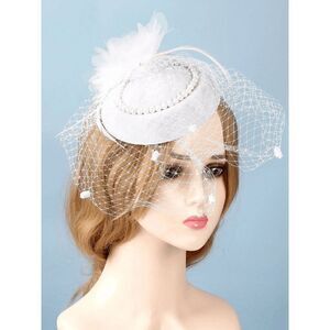 🤍 Pinup Accessory 1950s Retro Vintage Fascinator White Pillbox Pearl Veil Hat